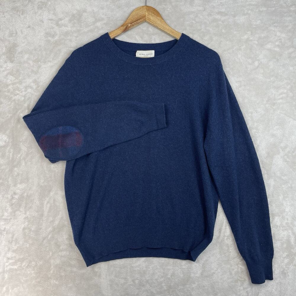 Neiman Marcus Cashmere Sweater Men's Medium Tartan Elbow Patch Quiet Luxury